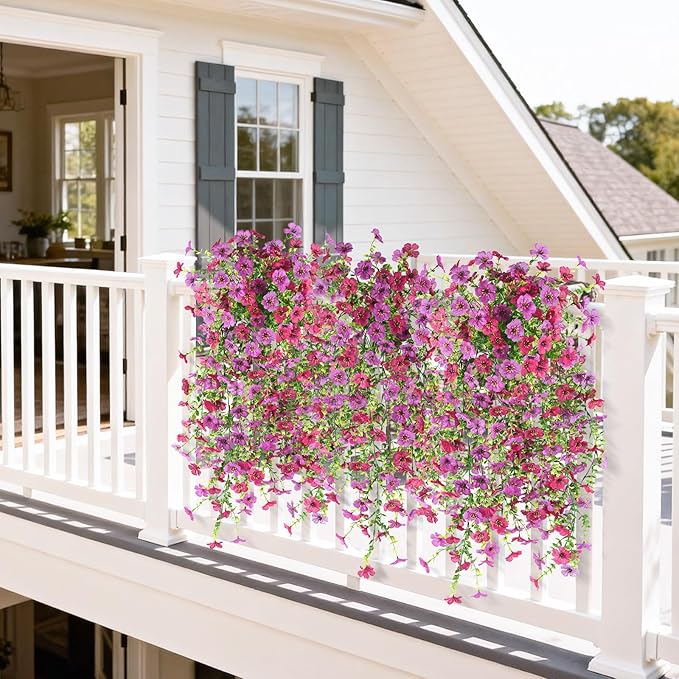 Homsunny Artificial Hanging Flowers for Outdoor, 2PCS Fake Flowers Faux Silk Daisy with Eucalyptus Leaves, UV Resistant Aritificial Flowers for Spring Home Patio Yard Porch Decor (Light Purple Red)