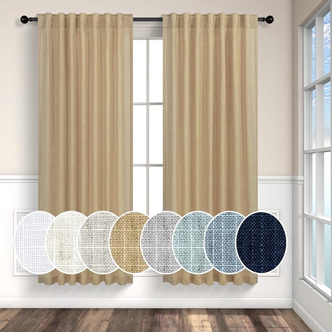 Burlap Color Curtains 63 Inch Length for Bedroom 2 Panel Back Tab Pocket Cotton Canvas Woven Textured Flax Linen Semi Sheer Lightweight Soft Taupe Brown Tan Curtain for Kitchen Cafe Cottage Core Decor