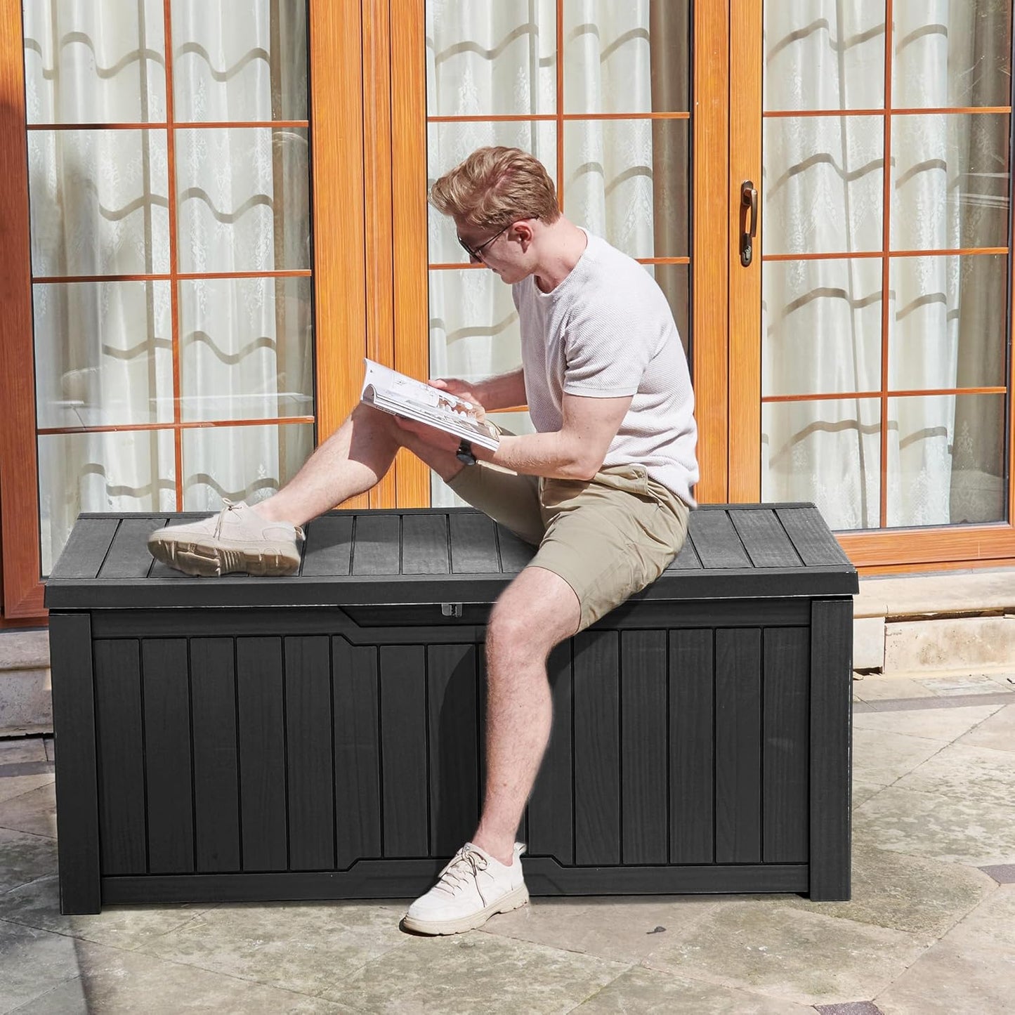 YITAHOME 120 Gallon Large Deck Box, Resin Outdoor Storage Box for Outdoor Pillows, Garden Tools and Pool Supplies, Waterproof, Lockable, Black