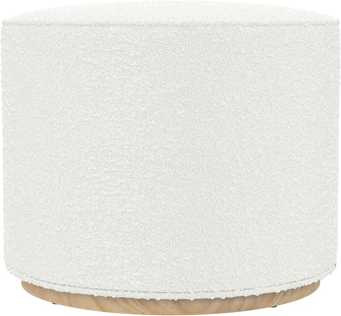 Spatial Order 22" Round Ottoman with Wooden Base - Cream Textural Fabric
