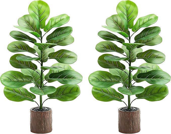 2 Pack Artificial Fiddle Leaf Fig Tree 30in, Large Realistic Faux Ficus Lyrata Plant with Wood-Grain Pot Table Top Faux Plant for Indoor Outdoor Home, Office, Living Room, Bathroom Decor