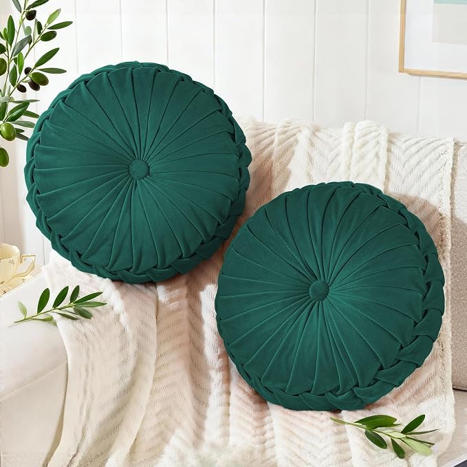 ROSE&RISY Round Pleated Velvet Throw Pillows, 2 Pack Decorative Accent Pumpkin Pillow Cushion for Couch Sofa Bed, Soft Plush Retro Vanity Throw Pillows for Home Decor, 14.5 Inch, Teal