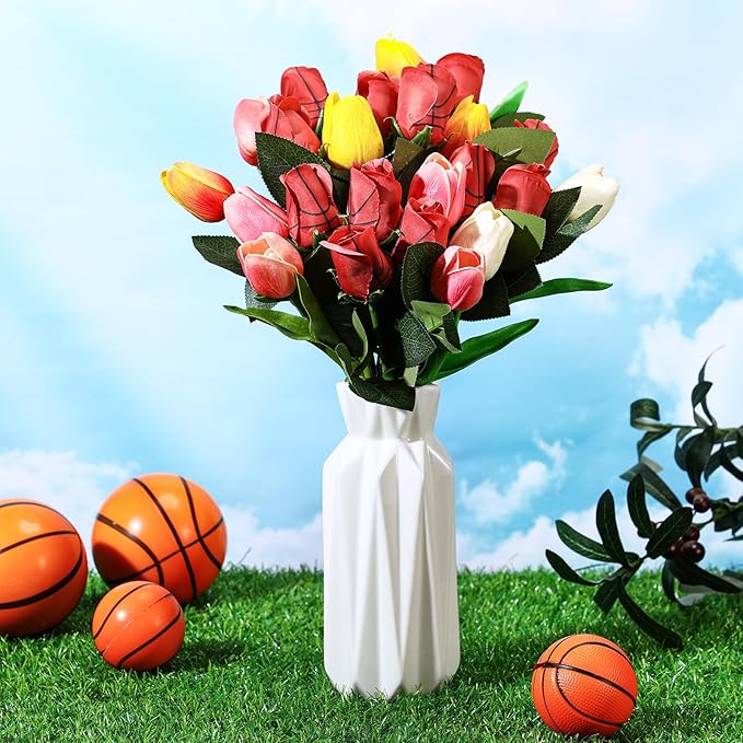 Suhine 12 Pcs Artificial Basketball Rose Flowers Sports Party Favors Bulk for Birthday Graduation Wedding Party Decoration Table Centerpieces Mom Team Coach Senior Night Gift(Basketball Color, Normal)