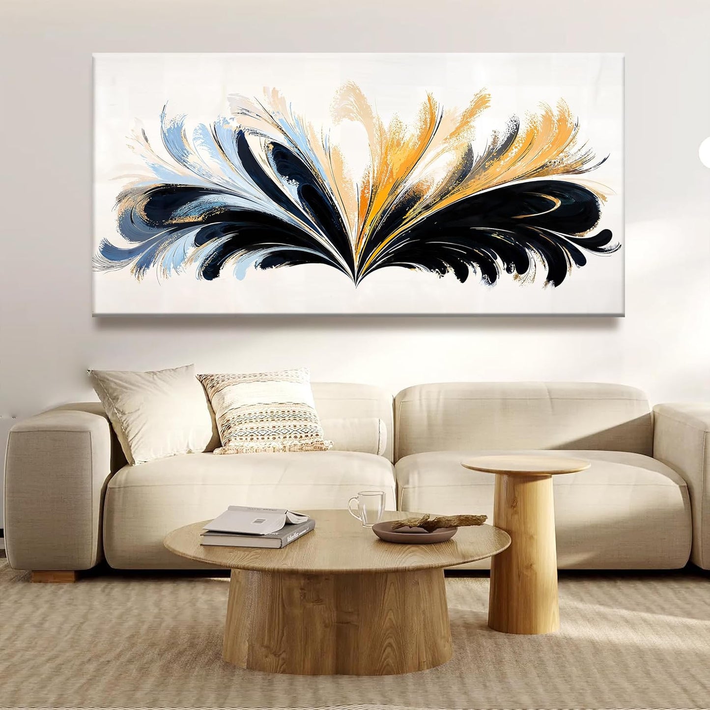 QSQ Large Black And Gold Abstract Wall Art For Living Room Canvas Art Wall Decor Abstract Blue Feather Wall Decor Print Picture For Bedroom Apartment Office Home Wall Decoration 29 X 58 Inch