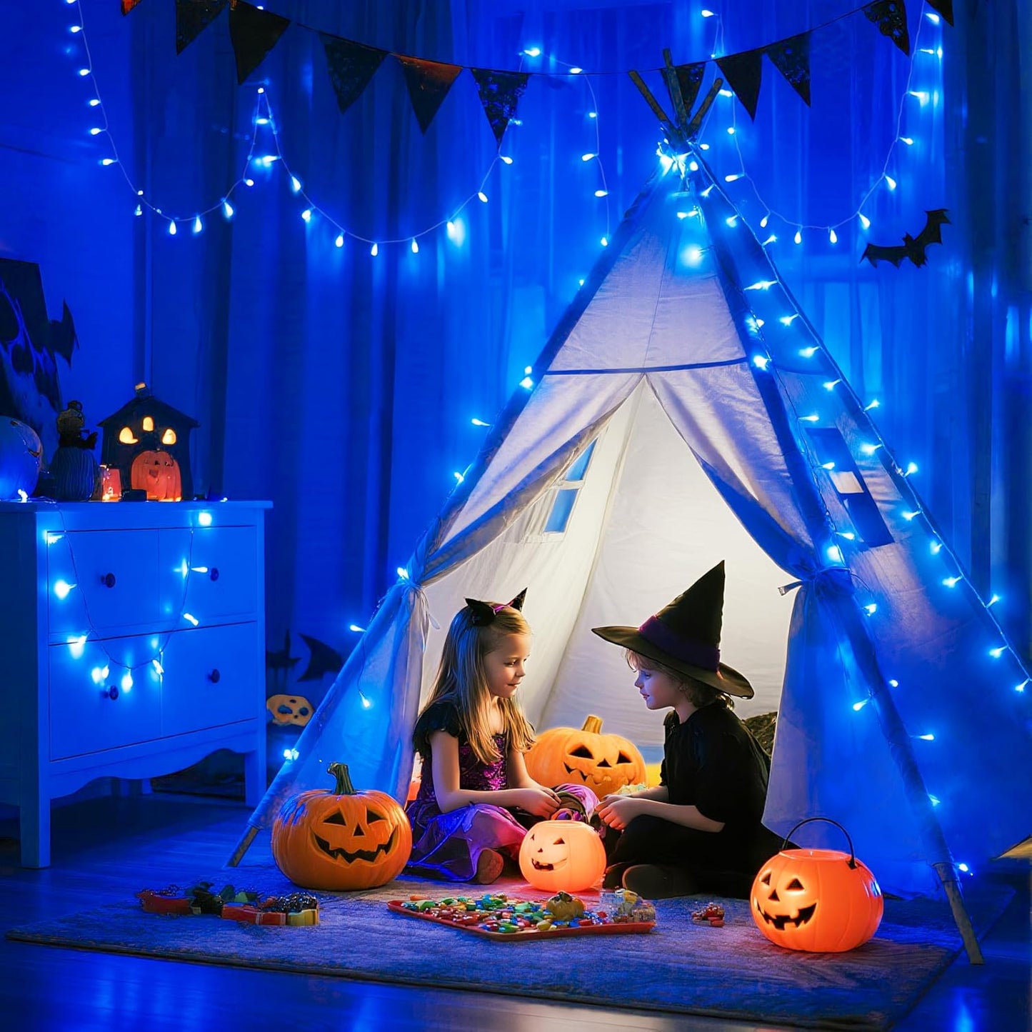 JMEXSUSS 600 Blue LED Halloween Lights Outdoor Waterproof 168ft Blue String Tree Lights Indoor Plug in 8 Modes for Bedroom Fireplace Halloween Party Xmas Christmas Decorations