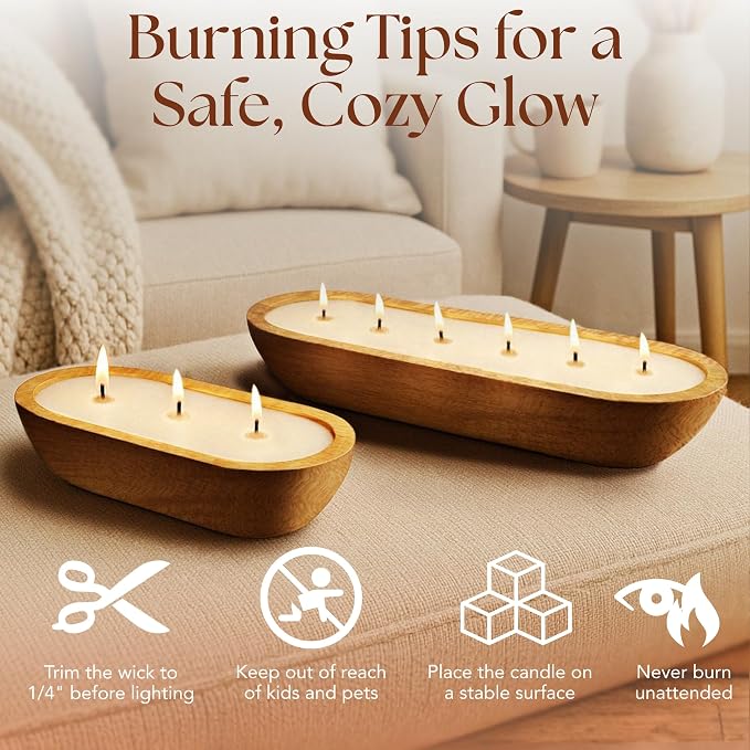 Dough Bowl Candle Co. Sea Salt and Orchid Soy Candle - 3 Wick Rustic Farmhouse Coffee Table Decor, Odor Eliminator in Wooden Bowls, 20 Oz Wooden Dough Bowl Candle, All-Natural Gifts for Women and Men