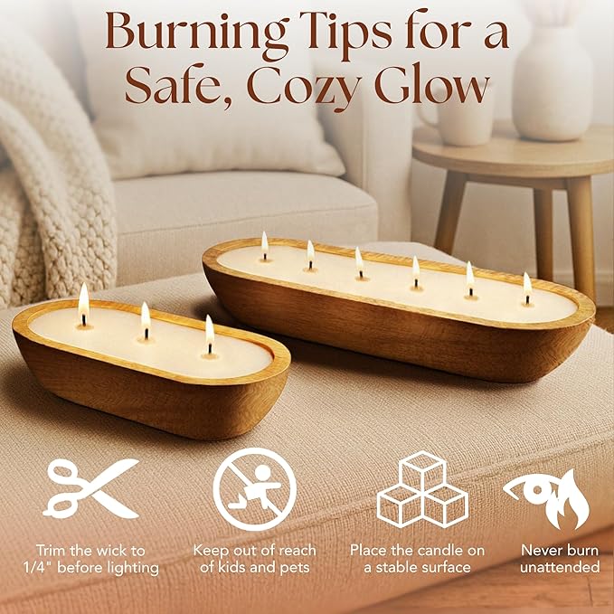 Dough Bowl Candle Co. Sea Salt and Orchid Soy Candle - 6 Wick Rustic Farmhouse Coffee Table Decor, Odor Eliminator in Wooden Bowls, 32 Oz Wooden Dough Bowl Candle, All-Natural Gifts for Women and Men