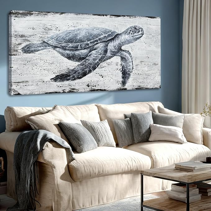 Hue7Art Ocean Inspired Turtle Canvas Wall Art Style Marine Animal Painting, Coastal Theme Artwork for Living Room Bedroom Bathroom Beach Home Decor 24x48 Inch