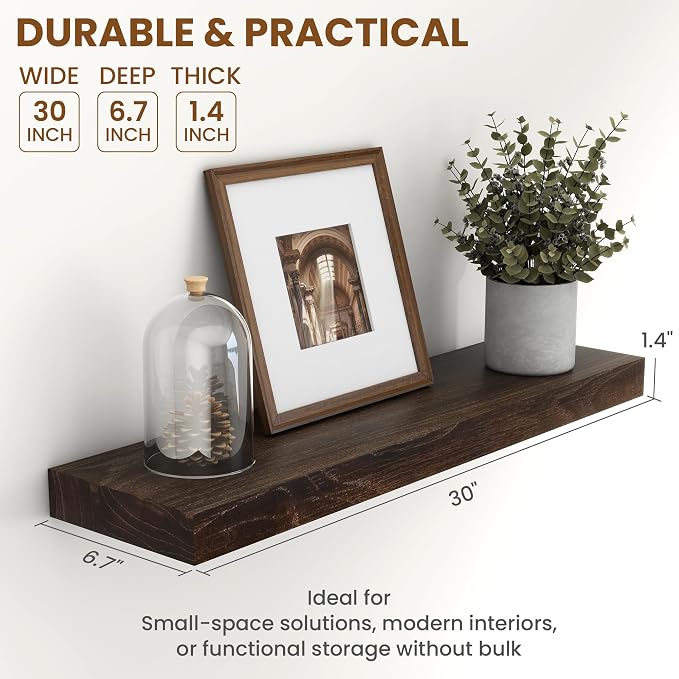 30 Inch Floating Shelves Set of 2, Rustic Solid Elm Wood Floating Shelf for Farmhouse, Living Room, Bedroom, Wall Mounted Bathroom Shelves Heavy-Duty Wall Shelf with Invisible Bracket, Walnut