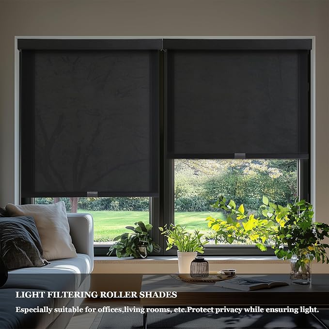 AOSKY Light Filtering Roller Shades Cordless Blinds for Windows, 1% Openness Free-Stop Shades with Valance, Thermal Insulated Fabric, UV Protection, Natural Woven Blinds（39" W x 72" H, Black）