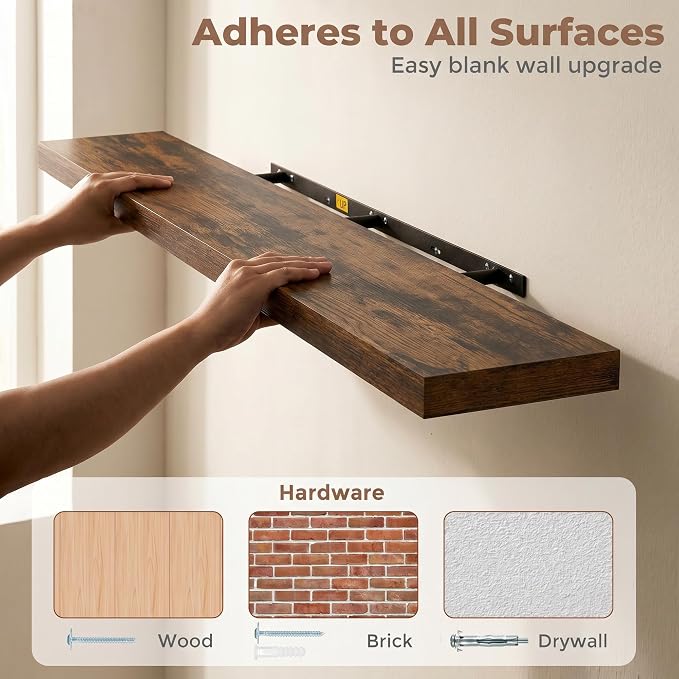 Venusmiles Floating Shelves for Wall, 48 Inch Floating Shelves Set of 1, 6.5" D Wooden Wall Mounted Display Shelves with Invisible Brackets for Living Room, Bedroom, Bathroom, Kitchen Decor, Brown