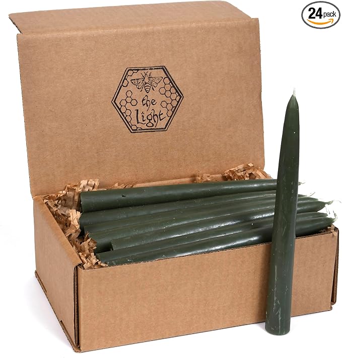 100% Pure Beeswax Taper Candles - All-Natural Handmade Decorative & Dipped Smokeless Unscented Candles for Christmas, Advent, and Hanukkah, Earthen Green, 8.5 Inches, 24 Candle Set, by BeeTheLight