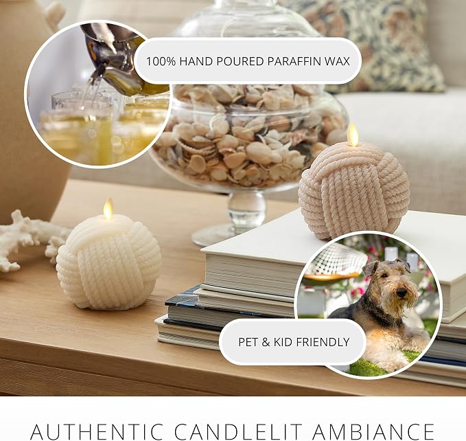 Luminara - Flameless Holiday Crystal Beads Glitter Sphere Candle - Timeless Taupe Rope Ball - Pack of 1-4x4.25 - Auto Timer Built-in 5-Hour Timer