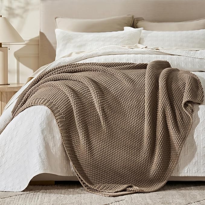 EverGrace Organic Cotton Chunky Knit Throw Blanket, 50 x 60 Stone Taupe | OCS Certified Organic Cotton, Seed Stitch Knit, Soft & Breathable, Cozy Midweight, Decorative Throw for Couch, Bed & Sofa