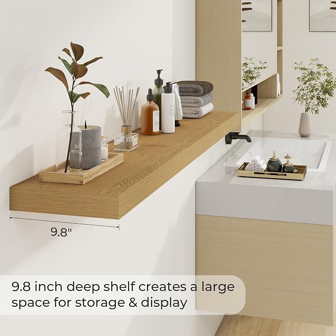 Dreamland 55Inch Oak Floating Shelves 9.8" Deep Wall Mounted Set of 1 | Wall shelves for bathroom, bedroom, Living Room, kitchen, deep wall mount wood storage display for home decor 55" x 9.8"