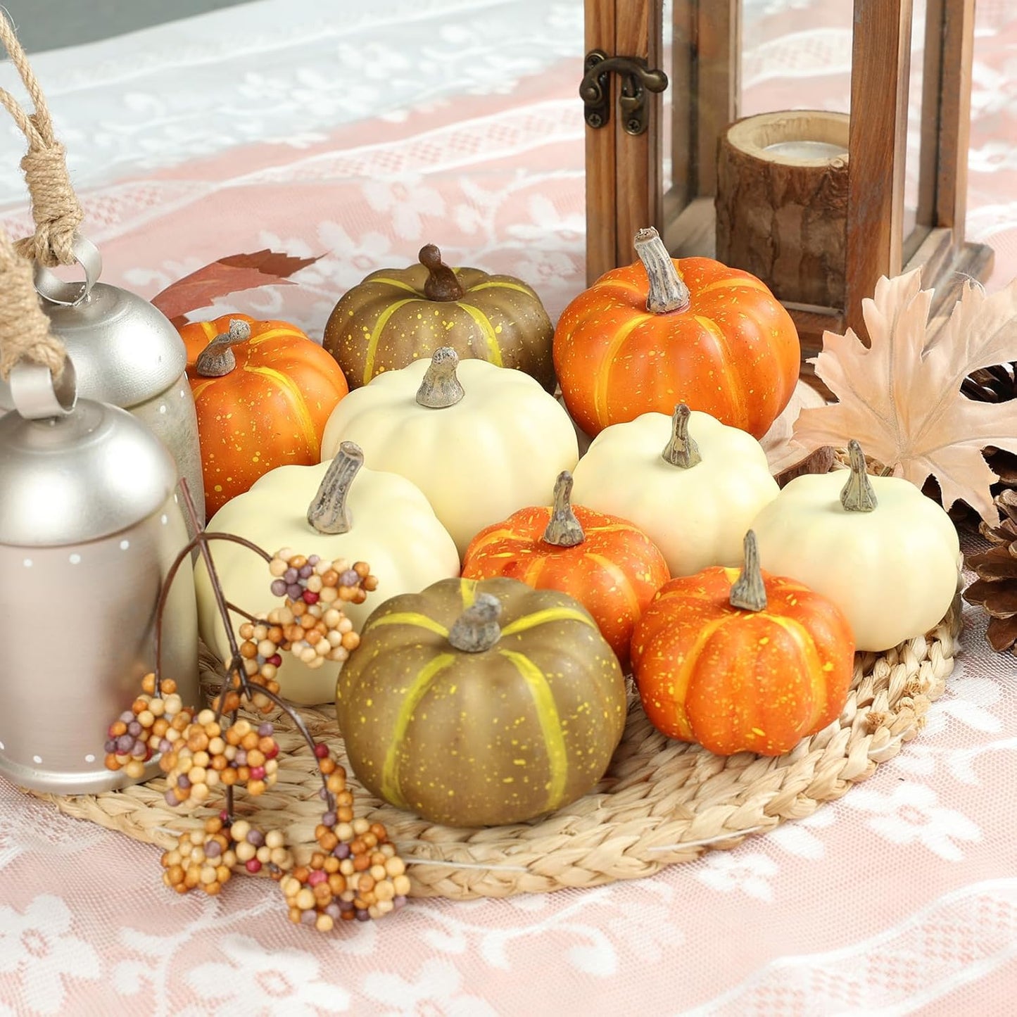 10Pcs Fake Pumpkins Fall Thanksgiving Decorations,Assorted Colors Plastic Pumpkins Home Decor, Artificial Mini Pumpkin for Decorating Autumn Harvest Outdoor Indoor Decor Centerpiece Table Decorations