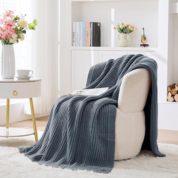 Chunky Knit Dusty Blue Throw Blanket for Couch Soft Cozy Lightweight Decorative Blanket for Couch Sofa Bed Living Room, Spring Throw 50"x60"