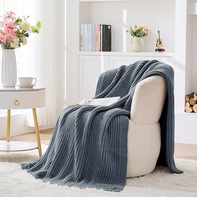 Chunky Knit Dusty Blue Throw Blanket for Couch Soft Cozy Lightweight Decorative Blanket for Couch Sofa Bed Living Room,Spring Throw 60"x80"