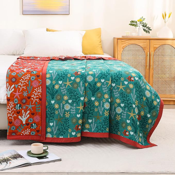Boho Throw Blanket, 100% Organic Cotton Skin-Friendly Breathable Ultra Soft Bed Quilt Throw - All Season Blue & Red FishFarmhouse Decor Blanket for Sofa Couch Chair and Gift. 60" x 80"