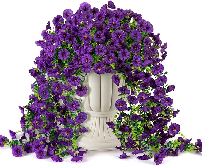 ADXORA Fake Artificial Hanging Morning Glory Flowers for Outdoor Planters Porch Pation Decoration,2 PCS UV Resistant Silk Faux Flowers with Realistic Eucalyptus Plants for Home Office Garden Decor