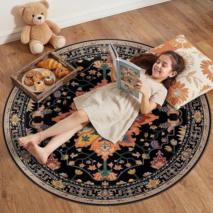 RELEANY Area Rugs 4ft Washable Non-Slip, Floral Vintage Distress Print Pattern Medallion Carpet for Living Room Bedroom Dining Room, Black Colorful Floral Dark Tan