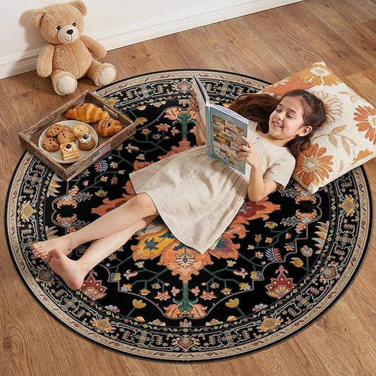 RELEANY Area Rugs 4ft Washable Non-Slip, Floral Vintage Distress Print Pattern Medallion Carpet for Living Room Bedroom Dining Room, Black Colorful Floral Dark Tan