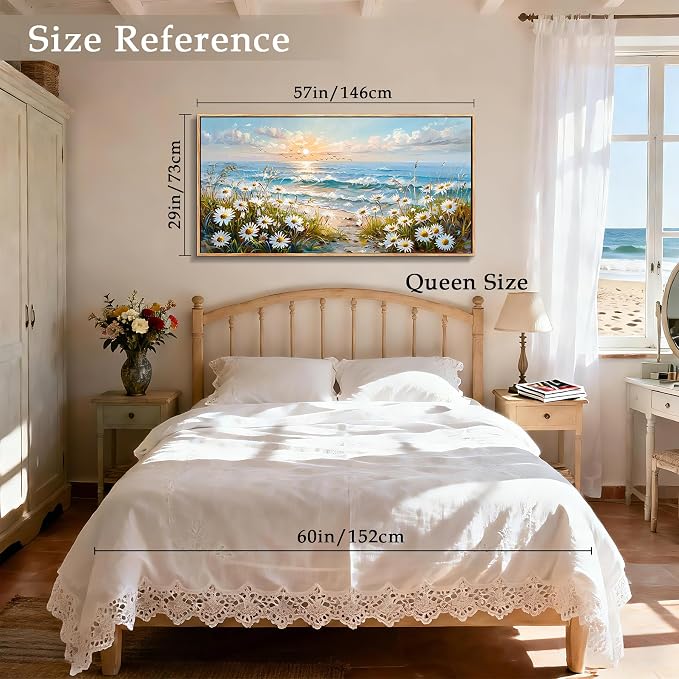 imjiayu Beach Wall Art, Oversized Wall Art, Coastal Wall Decor, Large Landscape Framed Art, Nature Seaside Painting Prints, Beachy Daisy Pictures for Living Room Dining Room Office Farmhouse 29"x57"