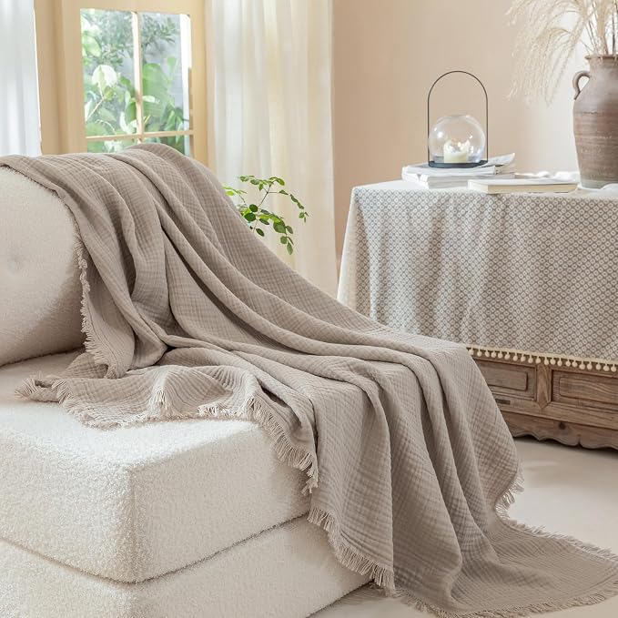 Muslin Fringe Blankets for Adults: 100% Cotton Cloud Soft | 4-Layer Gauze Breathable Lightweight All Season Throw Blanket for Bed Couch Sofa Office