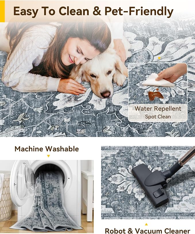 RELEANY Area Rugs Runner 2'x10' Washable Non-Slip, Floral Vintage Distress Medallion Carpet for Kitchen Hallway Bedroom Beside Laundry Room Bathroom, Light Gray Grey White