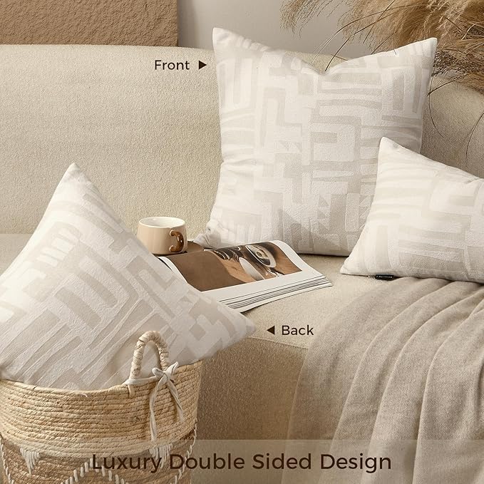 Throw Pillow Cushion Cover 18x18 inches, Double Sided Modern Geometric High Density Jacquard Polyester Pillow Covers for Sofa, Bed, Rattan Chair, Bedroom, Living Room(White)