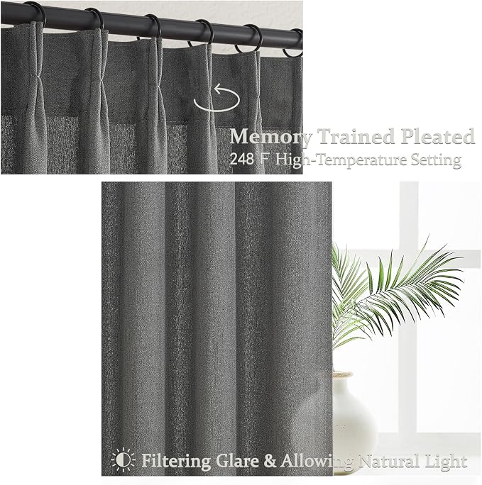 Dark Grey Pleat Semi Sheer Curtains 96 Inches Long for Bedroom, Memory Trained Pinch Pleated Linen Textured Light Filtering Modern Curtain 96 Inch Length 2 Panels Set Viral Window Drapes 8FT Length