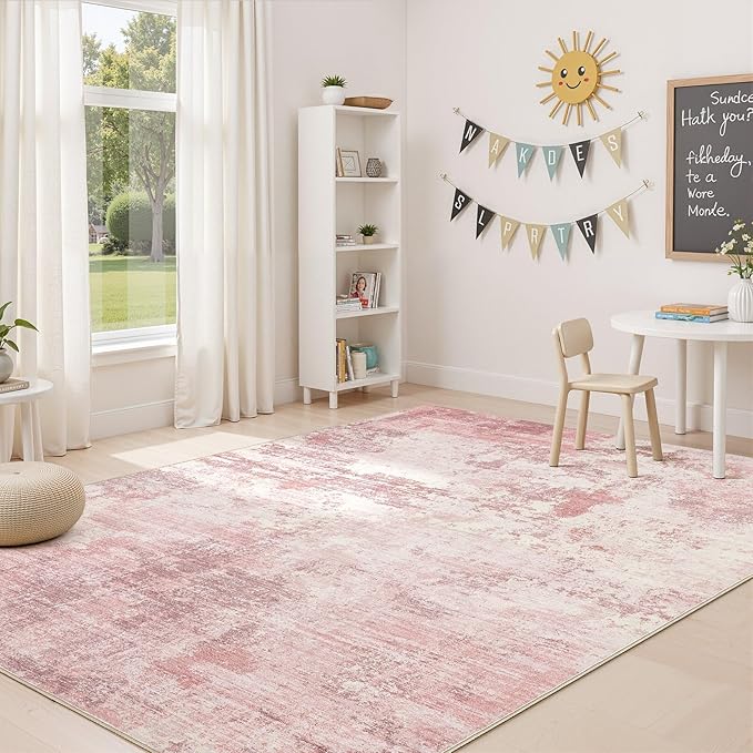 UERMEI 5x7 Area Rug Living Room Rugs - Washable Neutral Modern Abstract Soft Thin Large Rug Indoor Floor No Slip Rug Carpet for Bedroom Under Dining Table Home Office Decor - Pink