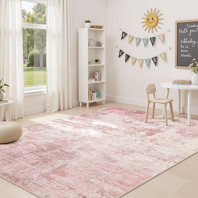 UERMEI 6x9 Area Rug Living Room Rugs - Washable Neutral Modern Abstract Soft Thin Large Rug Indoor Floor No Slip Rug Carpet for Bedroom Under Dining Table Home Office Decor - Pink