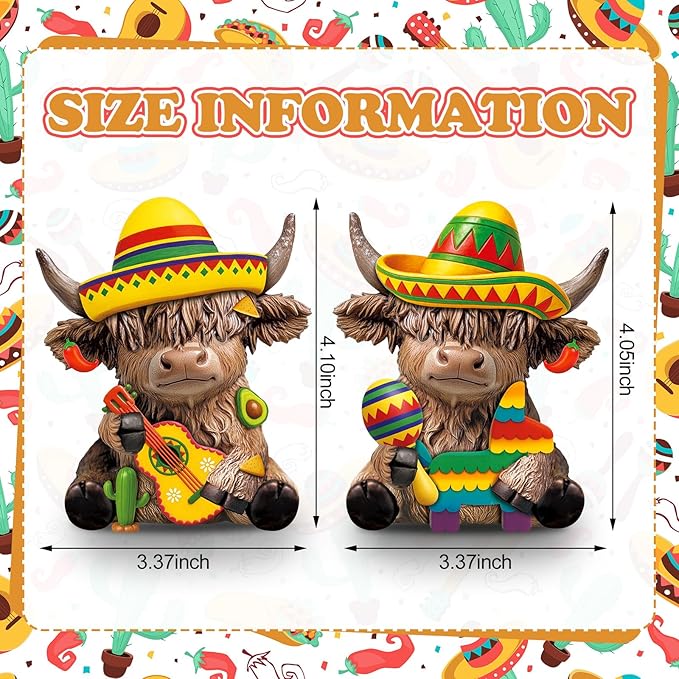 Karenhi 2 Pcs Cinco de Mayo Highland Cow Figurines, Mexican Resin Cow Gnomes Sombrero Guitar Maracas Scottish Statue Calf Lovers Gifts for Fiesta Home Garden Kitchen Office Tiered Tray Table Decor