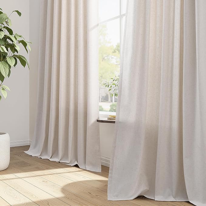 Birch Beige Pinch Pleated Linen Curtains 90 Inches Long 2 Panels for Living Room Bedroom Vintage Neutral Modern Back Tab Privacy Light Filtering Semi Sheer Pinch Pleat Drapes with Hooks Rings 40x90