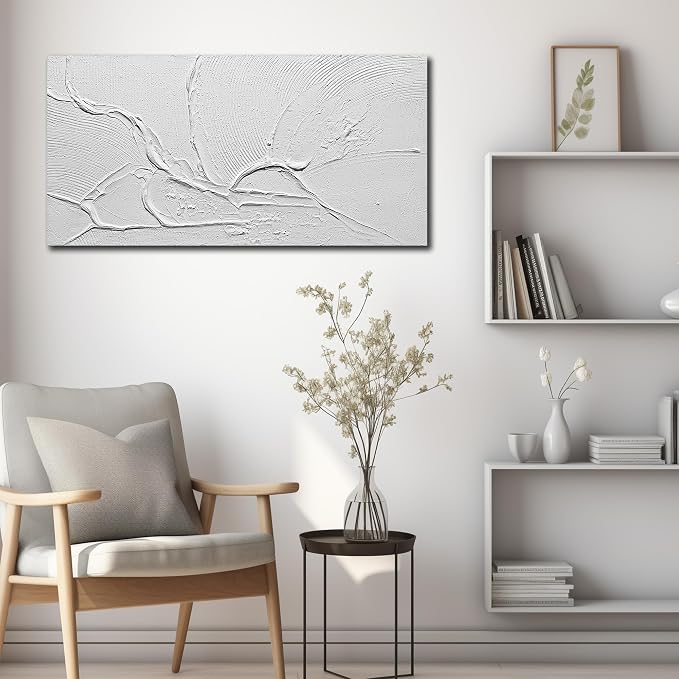 THRLVEART Abstract Canvas Wall Art For Kitchen Minimalist Hand Painted Wall Art For Bedroom White Wall Decor For Living Room Size 20 x 40 Inch