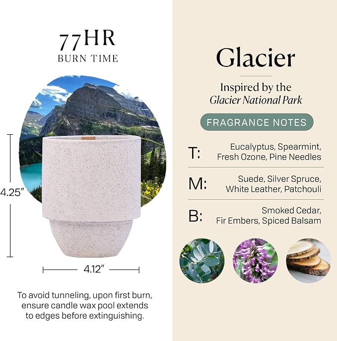 Paddywax Parks, Glacier Scented Candle in Reusable Ceramic Jar with Crackling Wood Wick, Soy Candle with Approx. 77 Hour Burn Time, Decorative Gift Candles for Home, White Pine & Hemlock Scent, 11 oz