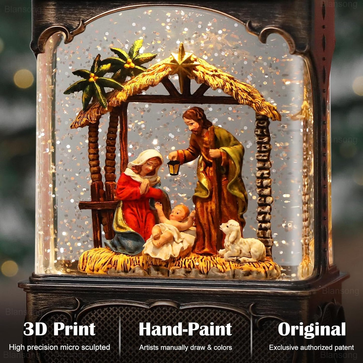Nativity Snow Globe Lantern Christmas Decorations Gifts Auto Snowfall Glitter Music Collection Manger Sheep Pen Nativity Scene with 6H Timer USB/Battery Powered 10.2 inch