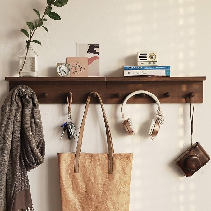 Entryway Coat Rack Hooks with Shelf, Sturdy Wooden Floating WallOrganizer Shelf with 4 Hooks siutable for Entrance, Mudroom, Kitchen, Bathroom,.etc(Walnut Finish)