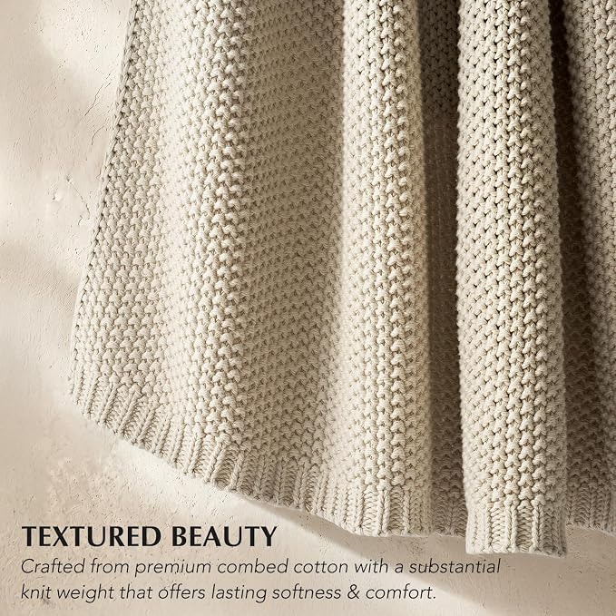 EverGrace Organic Cotton Chunky Knit Throw Blanket, 50 x 60 Birch | OCS Certified Organic Cotton, Seed Stitch Knit, Soft & Breathable, Cozy Midweight, Decorative Throw for Couch, Bed & Sofa