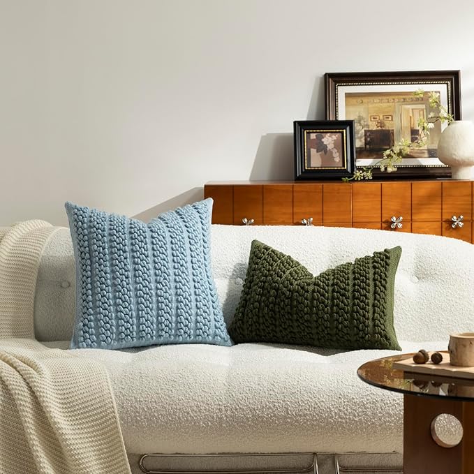 DEZENE Wool Boucle Throw Pillow Cover Premium Chic Accents Square Textured Decorative Pillow Case for Living Room Couch Sofa Home Decor 18"x18" Blue