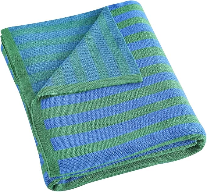 BOV Knit Thin Blankets for Summer - 100% Viscose Super Soft Breathable Decorative Throw Blanket for Chair Couch Sofa Bed, Perfect Self Care Gifts for Women & Men, Kelly Green & Cobalt Stripe 50"x60"