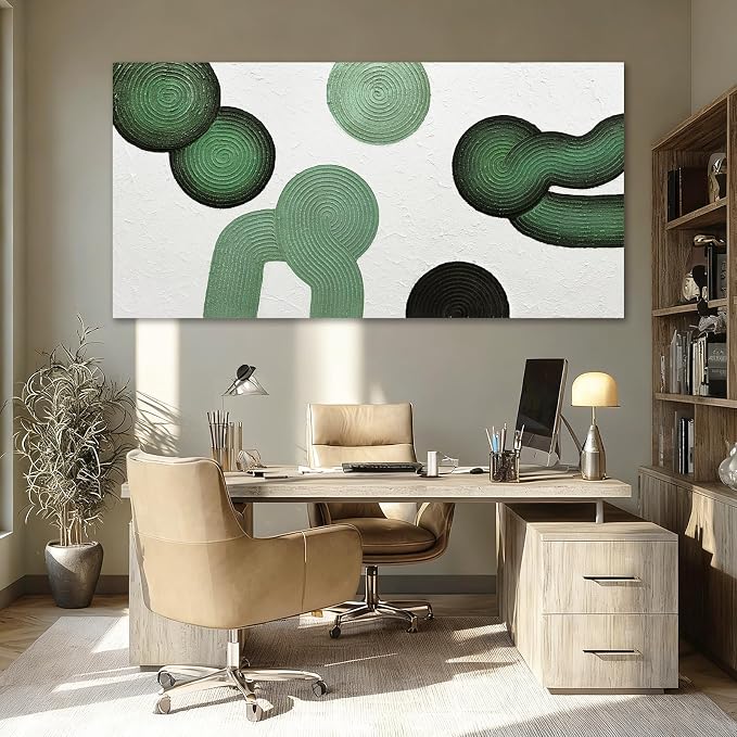 ZUNARE Large Green Abstract Wall Art, Hand Painted Textured Canvas with Organic Sculptural Forms, Oversized Modern Statement Wall Decor for Living Room Bedroom Office, 29×58 Inch