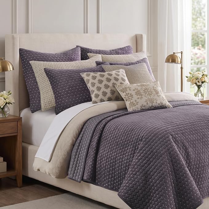 Levtex Home - Velvet Stitch - Euro Sham Set of 2 - Cross Stitch - Plum and White - (26x26in.), No Insert - Reversible - Polyester