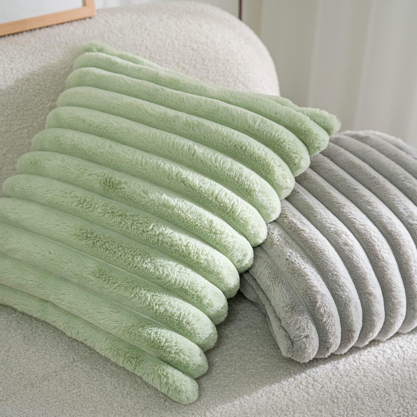 DEELAND Pack of 2,Double-Sided Faux Fur Plush Decorative Throw Pillow Covers Fuzzy Striped Soft Pillowcase Cushion Covers for Sofa Couch Bedroom Green 26x26 inch