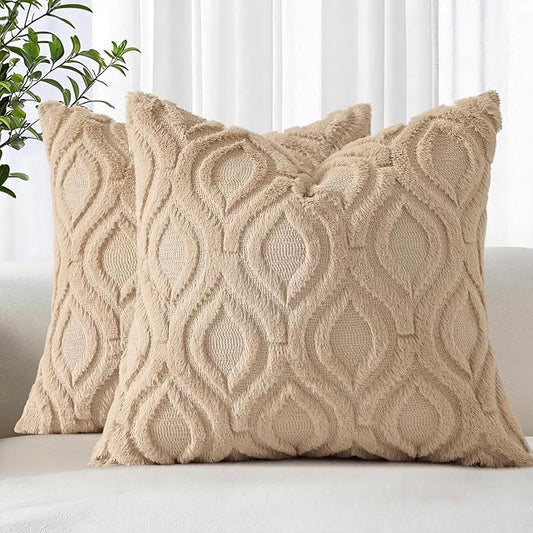 decorUhome Throw Pillow Covers 24x24 Inch Set of 2, Soft Plush Faux Wool Light Khaki Solid Couch Pillow Covers, Accent Euro Sham Farmhouse Neutral Square Pillow Cases for Sofa Bed Living Room