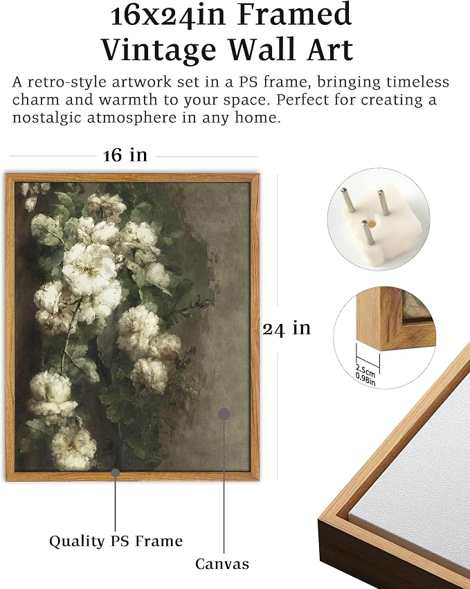 UPWOIGH White Floral Framed Still Life Wall Art, 16 x 24 Inch | Cream White Blooms and Dark Green Leaves, Vintage Moody Oil Painting Style, Warm Wood Frame for Living Room and Bedroom