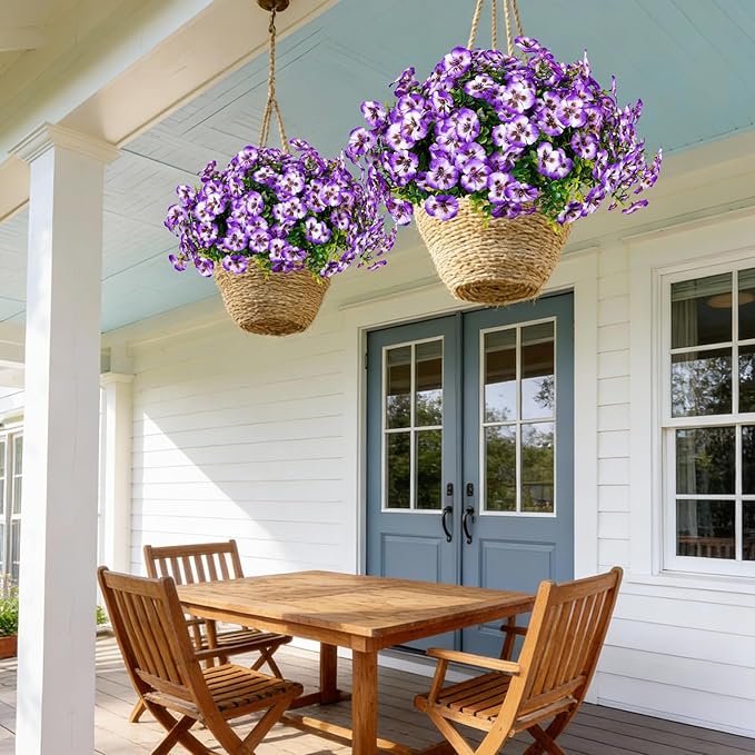24 Pcs Artificial Fake Pansy Flowers for Outdoor,Faux Silk Plants Flowers UV Resistant Pansies Spring Flowers for Planter Front Door Porch Yard Patio garden Window Box Home Decor(Purple White)