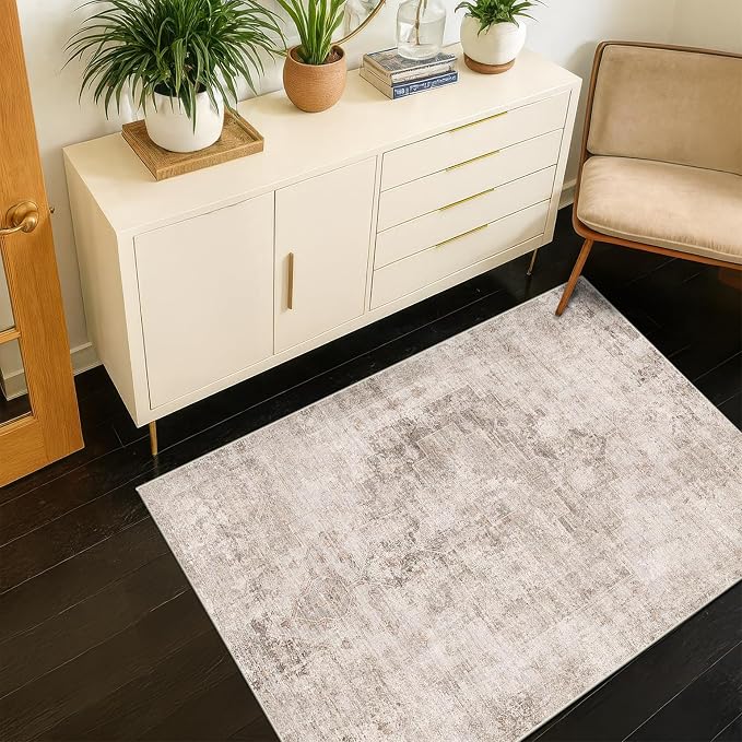 Washable Beige Brown Rugs for Entryway Indoor - 3x4 Throw Rug for Large Kitchen, Bedroom Bedside, Bathroom, Mudroom, Mordern Abstract Medallion Décor, Non Slip Low Pile Fade Resistant