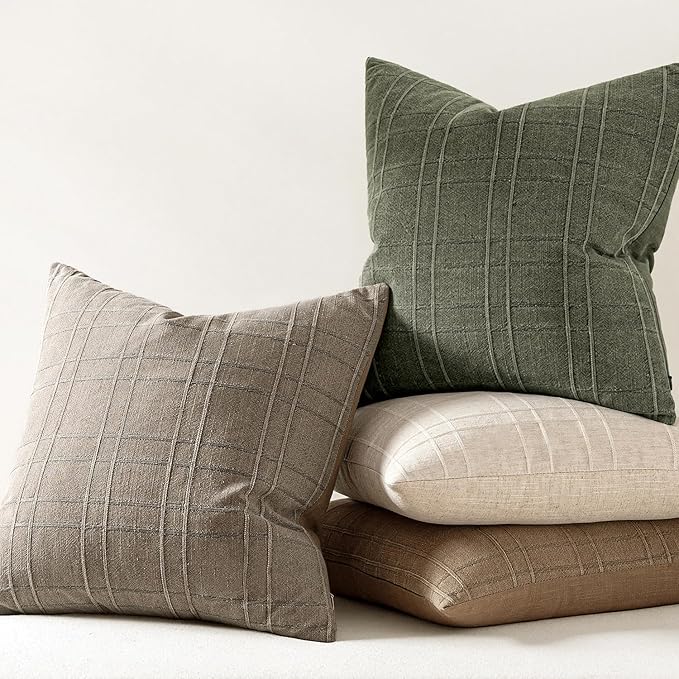 MIULEE Decorative Linen Check Euro Shams Throw Pillow Covers Neutral Farmhouse Vintage Pillow Covers 22x22 Set of 2 Boho Modern Winter Home Decor for Sofa Couch Bedroom Cushion Tan Taupe